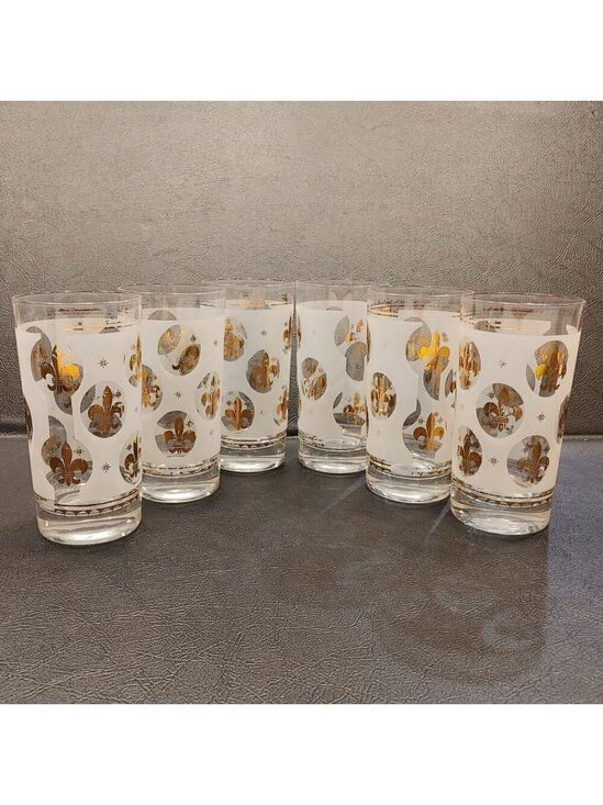 Libbey Other - Libbey Highball Glasses Frosted Fleur de Lis Gold Rim 1950s Set of 6